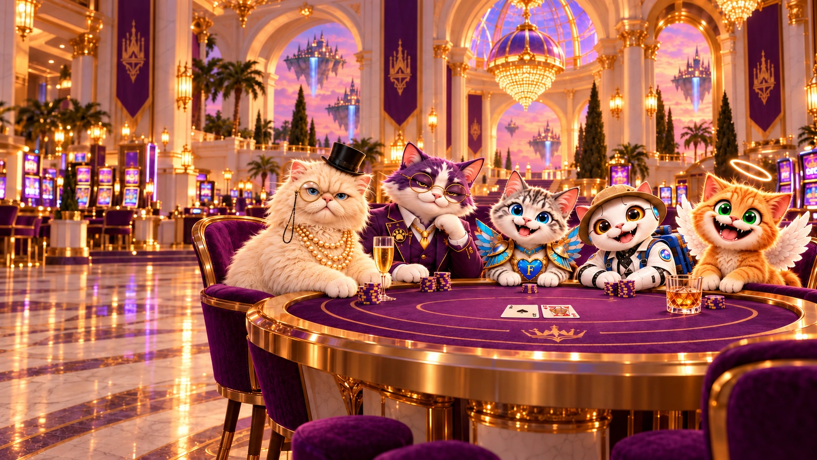 Sharon, Monty, Flappy, Dr. Fluffy and Pippa seated together around a purple casino table beneath the golden arches