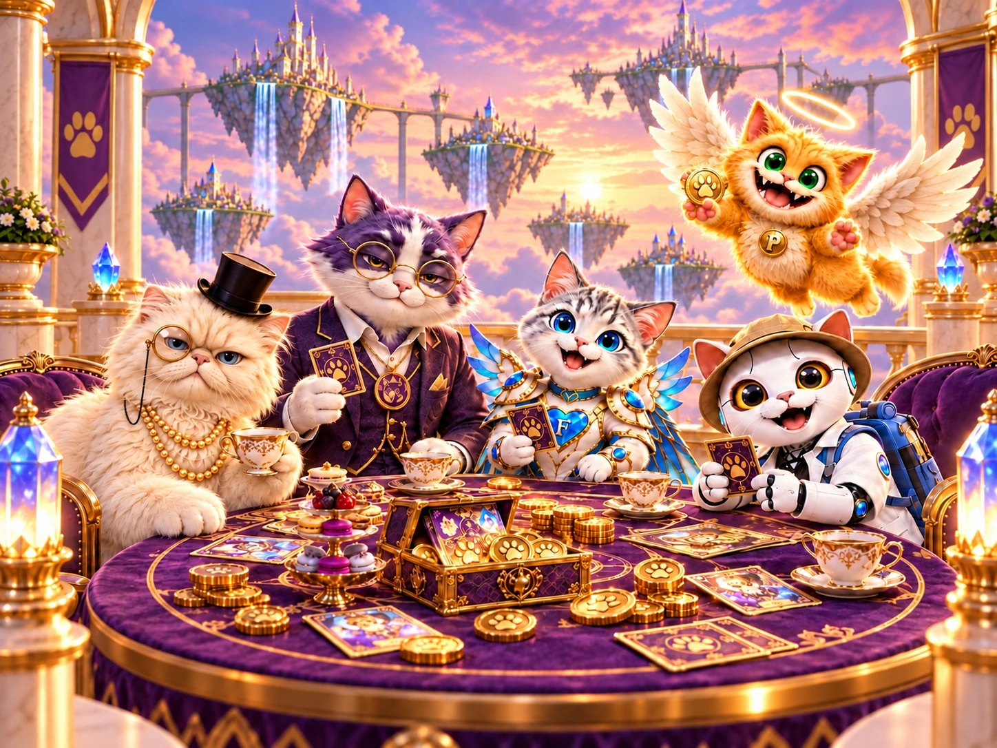 The five Pussyverse characters gather for a community event on a sky terrace