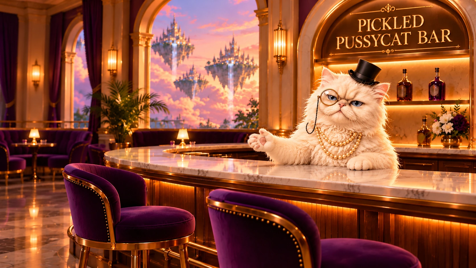 Sharon welcomes you into her purple and gold bar overlooking floating islands