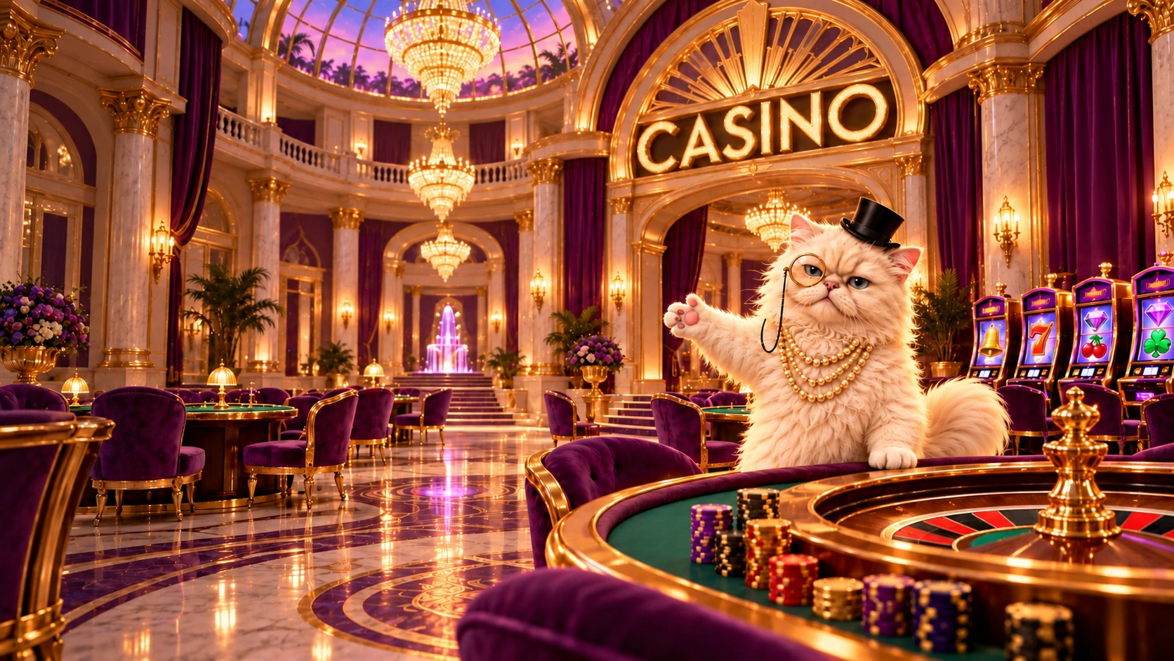 Sharon inside the planned grand casino with a large CASINO sign, roulette table and purple-gold slot machines