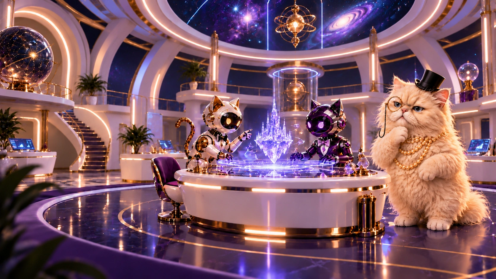 Sharon, Cedrick and Ren in a circular white and violet research observatory