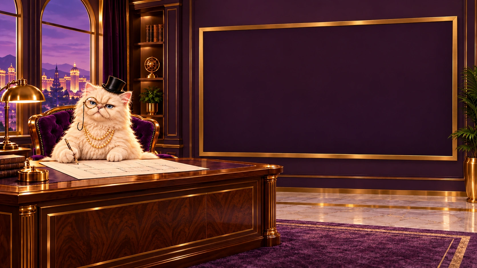 Sharon seated at her desk in a purple and gold architect office beside the integrated casino planning screen