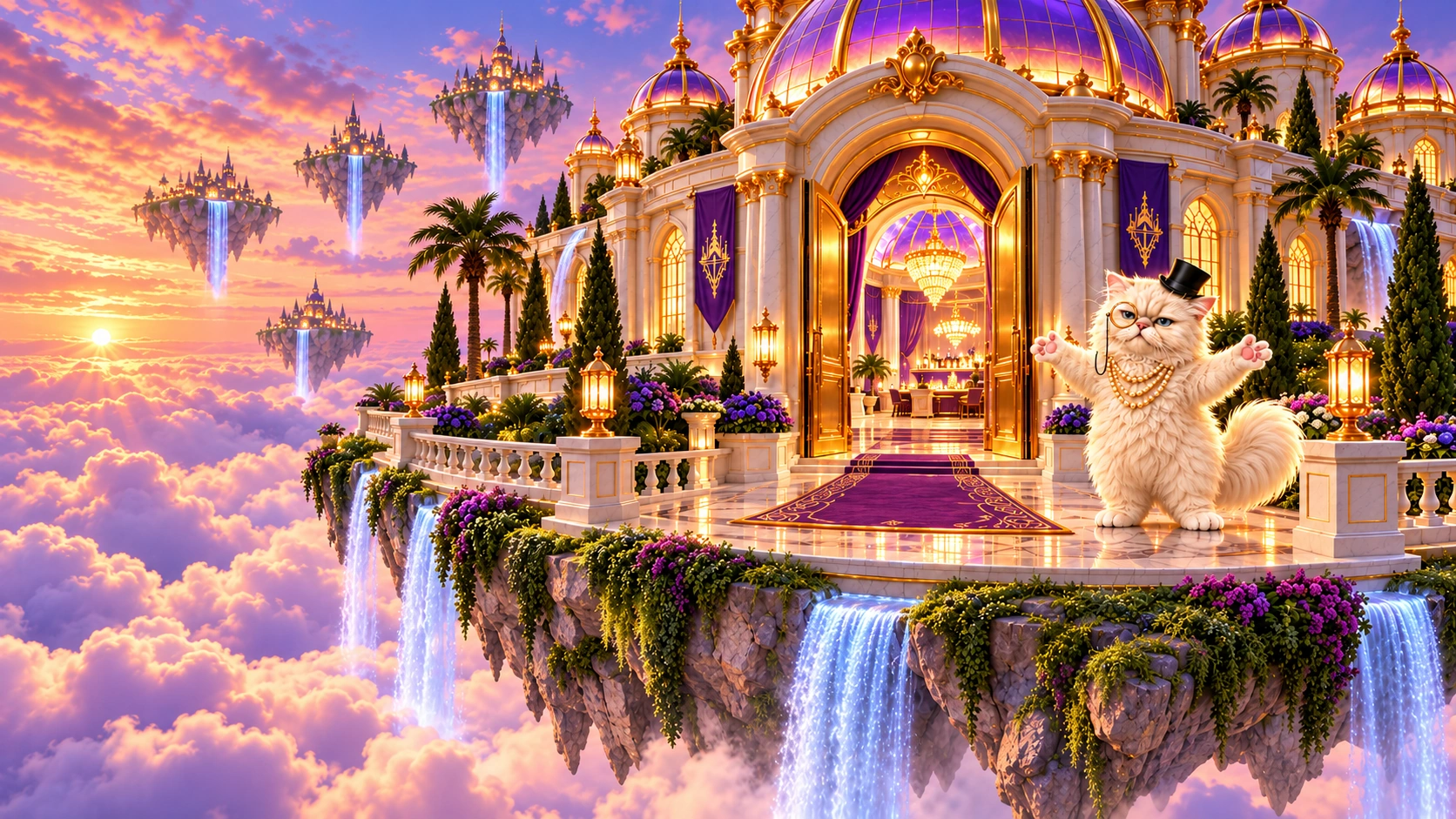 Sharon welcomes visitors beside the open casino doorway on a floating Skyville island, with its rocky underside and waterfall above the clouds