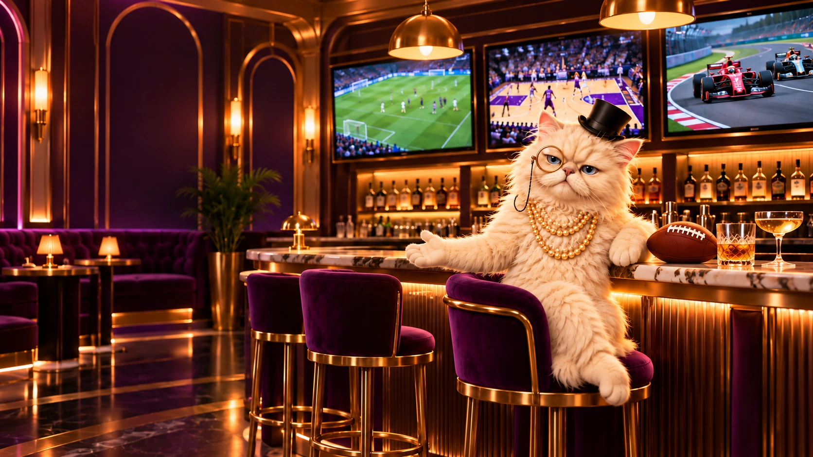 Sharon welcomes you to a purple velvet stool at the gold-and-marble sports bar, with football, basketball and racing on three screens