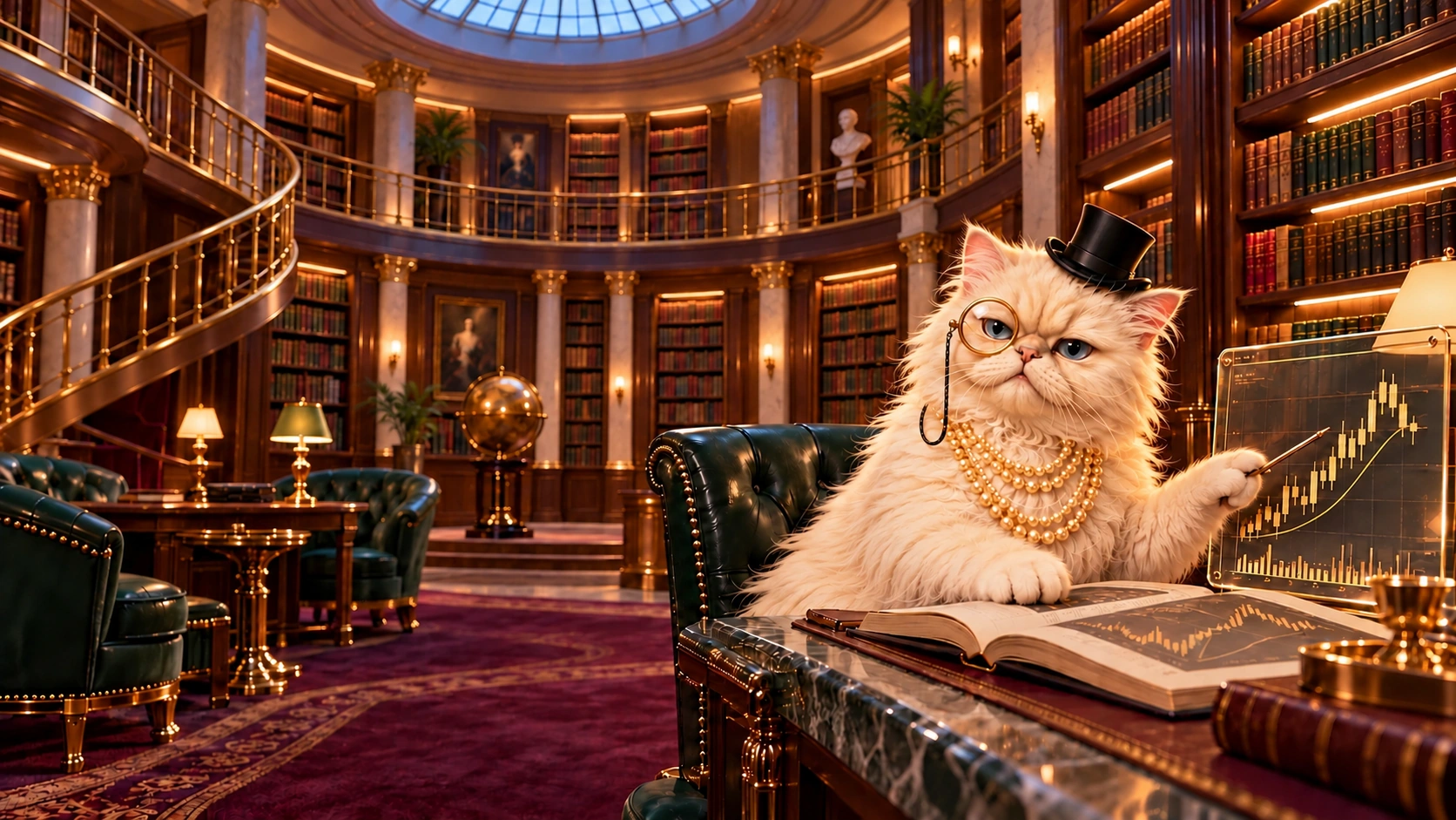 Sharon teaching in a two-storey walnut trading library with an emerald reading desk